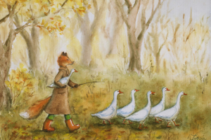 Лиса со своими гусями (акварель)