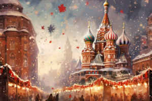 Акварельная иллюстрация новогодняя Москва