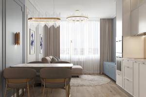 Дизайн интерьера кухни-гостинной в квартире ЖК "Квартал на Некрасова" г. Екатеринбург