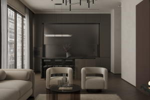 3D визуализация кухни-гостиной, 35м2