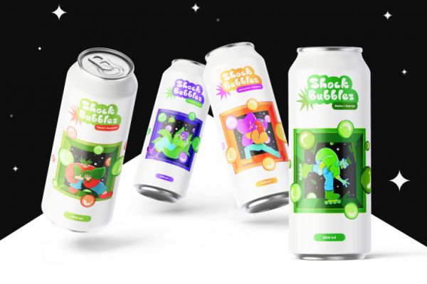 Логотип и упаковка для линейки сильногазированных напитков "Shock Bubbles"