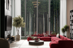 Гостиная камином в загородном доме.