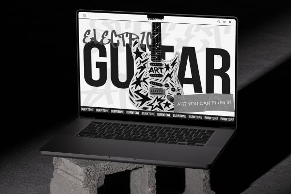 Burntone — сайт кастомных электрогитар в стиле уличного искусства. Создан для самостоятельного проекта, направленного на формирование уникального бренда.