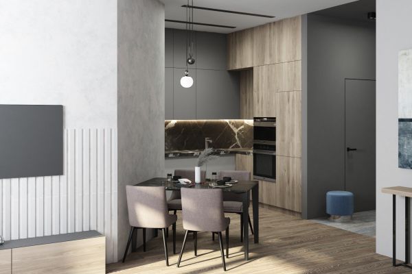 Дизайн проект квартиры 59 кв.м ЖК Сиреневый-кухня-гостиная