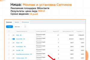 Монтаж и установка септиков ВКонтакте. Результат: 30 заявок по цене 555 руб.