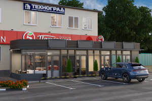 3д-визуализация фасада здания и прилегающей территории