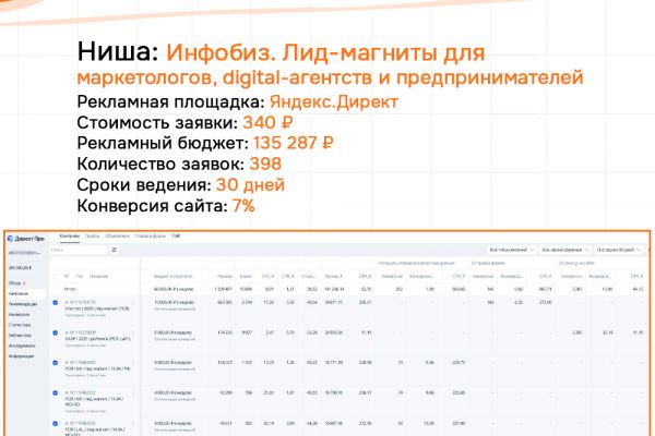 Кейс: Инфобиз. Лид-магниты для маркетологов и предпринимателей - Яндекс.Директ. Заявки по 340 руб. Конверсия сайта - 7%