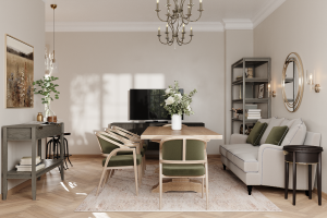 Дизайн угловой кухни в частном доме, столовая с большим кухонным столом.