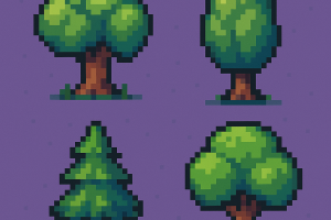 Пиксель арт 4 дерева для игры.