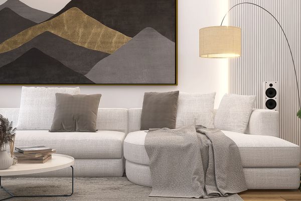 Дизайн интерьера гостиной в стиле минимализм с баром и домашним кинотеатром