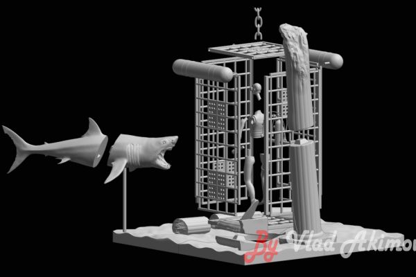 Модель дайвера (по частям) в клетке для погружения (по частям).