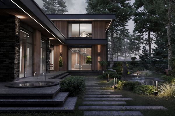 Загородный дом с крытым бассейном. Восточные мотивы. Dark Style