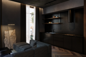 Дизайн визуализация проекта гостиной-кухни квартиры