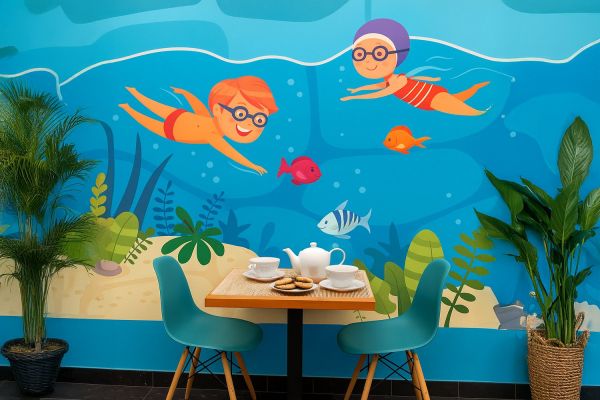 Оформление интерьера спорткомплекса для детей: мультяшные иллюстрации