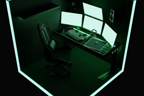 Рендеры 3D модели «Геймерская комната в темных тонах с зеленой контурной подсветкой»