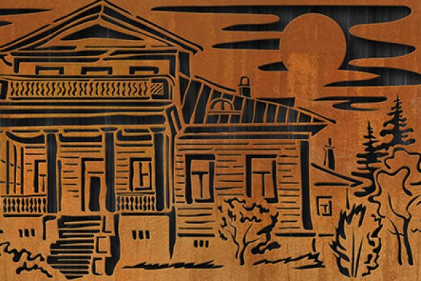 Разработка дизайна панно для коттеджного посёлка. Изготовлено из кортеновской стали.