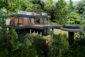 Дом на склоне с плоской крышей в современном стиле