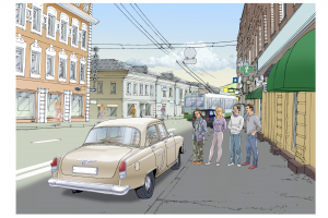 Иллюстрация. "Хипстеры и "Волга ГАЗ-21".