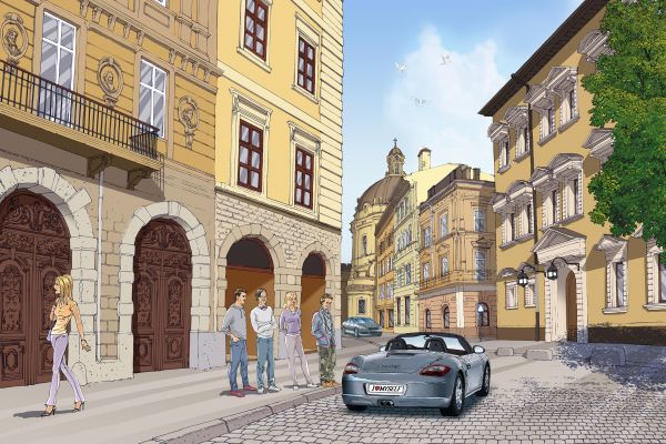 Иллюстрация "Хипстеры увидели Порше Бокстер".