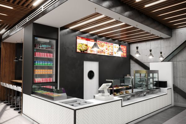 3d визуализация ресторана быстрого обслуживания.