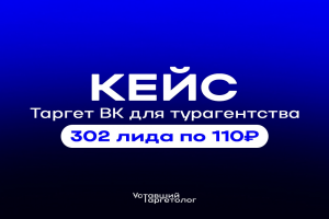 КЕЙС: Таргет ВК для турагентства — 302 лида по 110₽ за 20 дней. За 8 дней рекламных кампаний мы уже заработали 480.000₽
