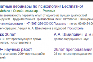 Яндекс Директ ниша "Семинар/вебинар по психологии"