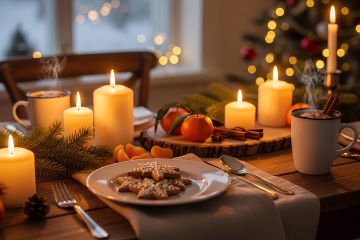 Новогодний стол в деревенском стиле с свечами и угощениями