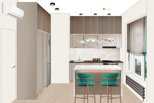 Коллажная подача дизайна кухни-гостиной