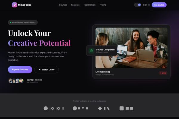 MindForge: Разработка UI/UX и интерфейса образовательной платформы для креативных индустрий с поддержкой смены тем.