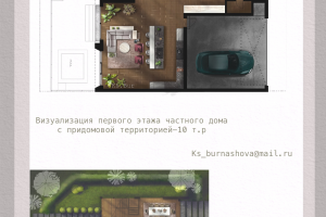 Визуализация в виде скетча (в коллажной технике) плана первого этажа частного дома с придомовой территорией