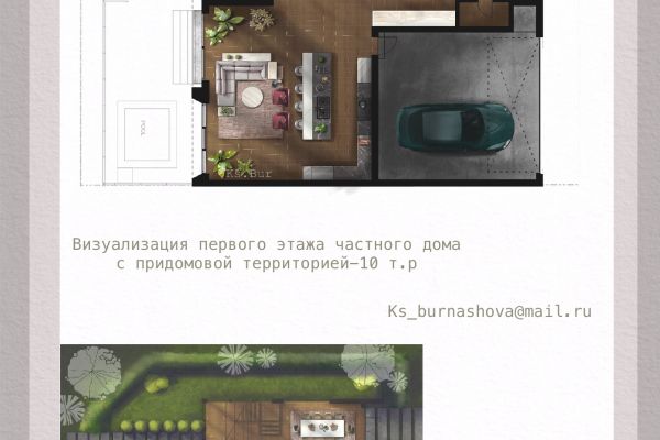 Визуализация в виде скетча (в коллажной технике) плана первого этажа частного дома с придомовой территорией