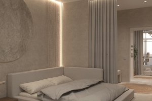 Спальная комната в квартире студии стиль ваби-саби