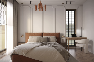 Спальня с яркой кроватью