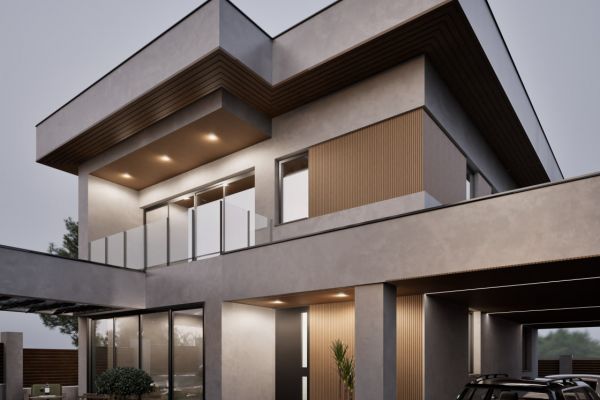 High-tech house - архитектурный проект двухэтажного дома в стиле хай-тек с использованием эко-стиля.