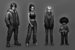 иллюстрации персонажей для игры новеллы в черно белом мрачном сером стиле