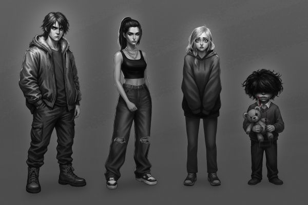 иллюстрации персонажей для игры новеллы в черно белом мрачном сером стиле