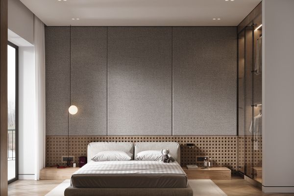 Современная спальня с акцентной стеной и встроенной гардеробной