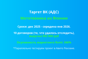 Выручка 502 000 за полтора месяца с окупаемостью 346%. Мототехника из Японии. Таргет ВК.