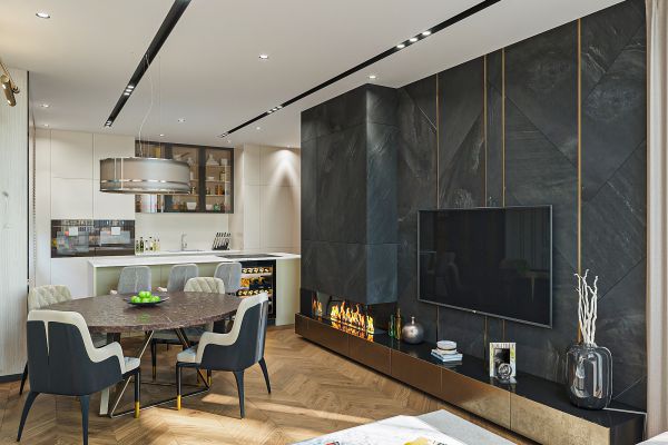 3d визуализация интерьера кухни-гостиной с камином