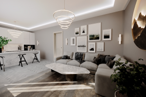 Премиальный интерьер гостиной с кухней в современной минималистичной эстетике