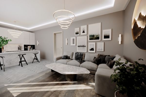 Премиальный интерьер гостиной с кухней в современной минималистичной эстетике