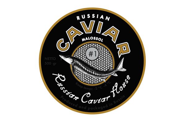 Этикетки на банки с черной икрой , и буклет для компании "Русский икорный дом".