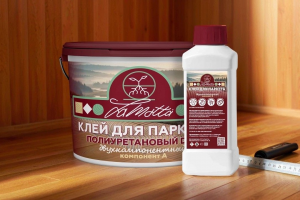 Создать информативную и визуально привлекательную этикетку для упаковки клея для паркета "LAMOTTA", которая выделяется на полках магазинов