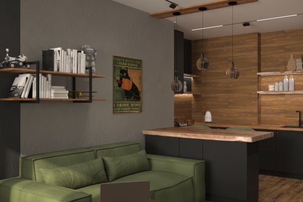 дизайн мужицкой гостиной с кухней