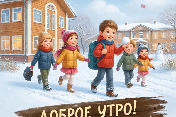 Открытка (картинка) "С добрым утром!" с идущими детьми. Создавал для коллег, родных и близких.