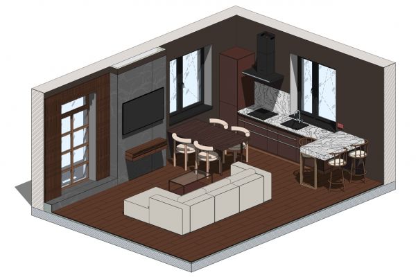 3D схема кухня-гостиная и спальня
