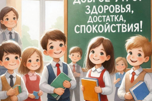 Открытка (картинка) "С добрым утром!" с детьми возле школьной доски. Создавал для коллег, родных и близких.