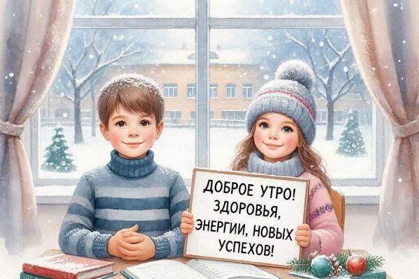 Открытка (картинка) "С добрым утром!" с детьми за партой. Создавал для коллег, родных и близких.