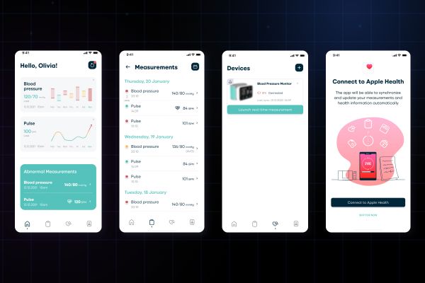 Цифровая платформа для умного тонометра: автоматический сбор и анализ медицинских данных, Bluetooth/Wi-Fi-интеграция, история измерений и подключение к Apple Health и Google Fit.