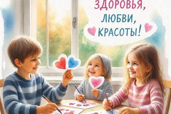 Открытка (картинка) "С добрым утром!" с детьми и валентинками. Создавал для коллег, родных и близких.